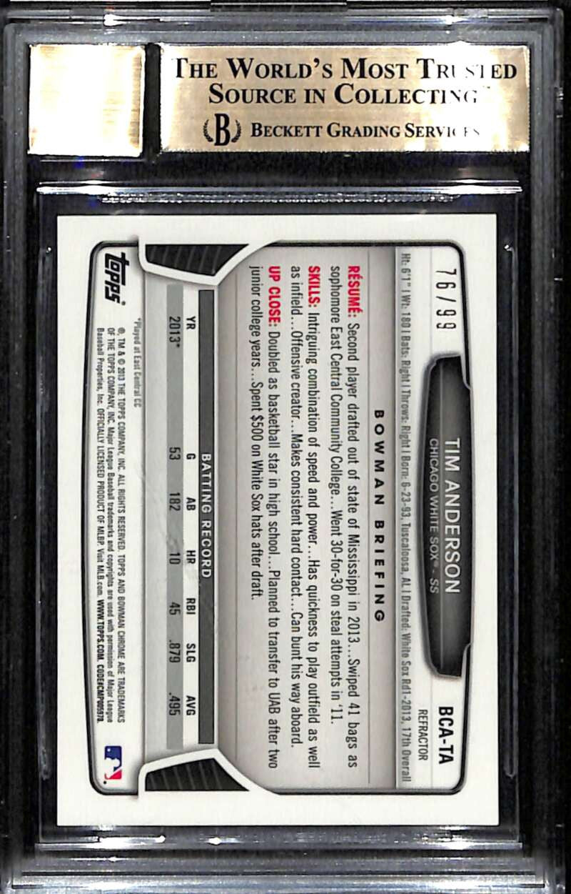 2013 Bowman Chrome Blue Refractor Tim Anderson Rookie Auto 76/99 BGS 9.5 10