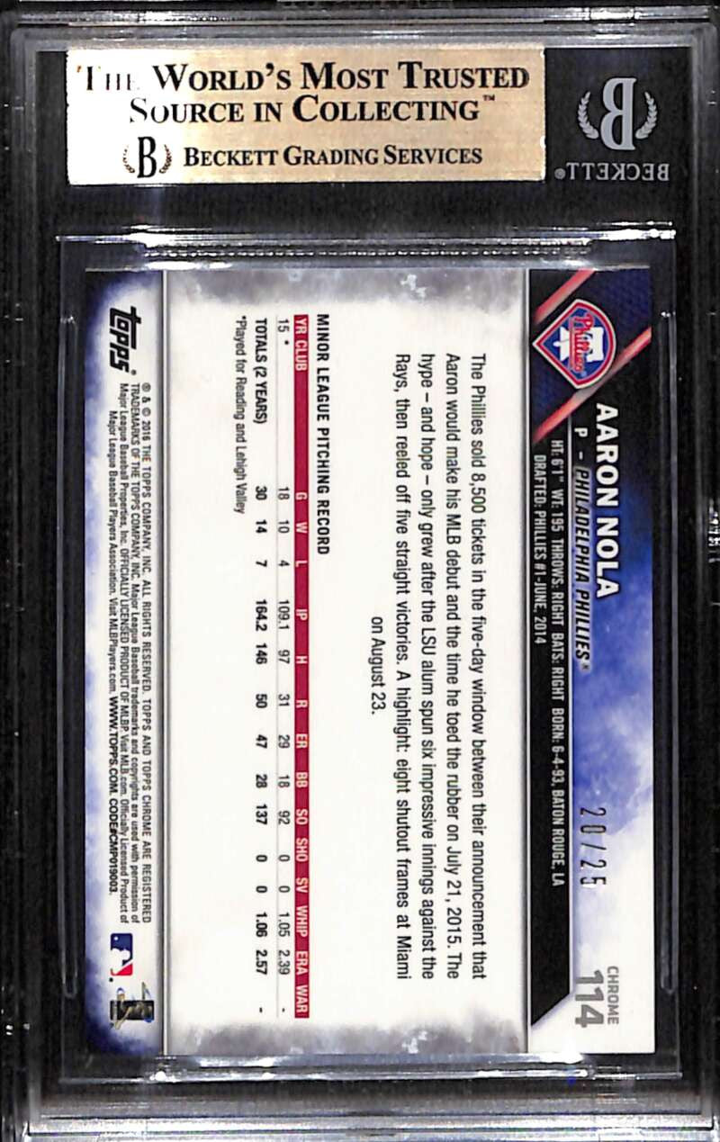 2016 Topps Chrome Orange Refractor 114 Aaron Nola Rookie 20/25 BGS 9.5 GEM MINT