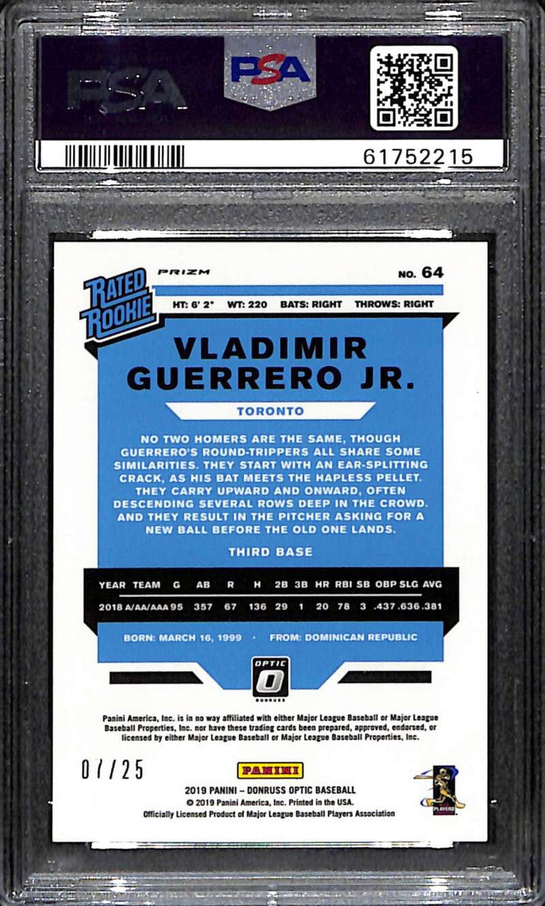 2019 Donruss Optic Black Refractor 64 Vladimir Guerrero Jr. RR Rookie 7/25 PSA 9
