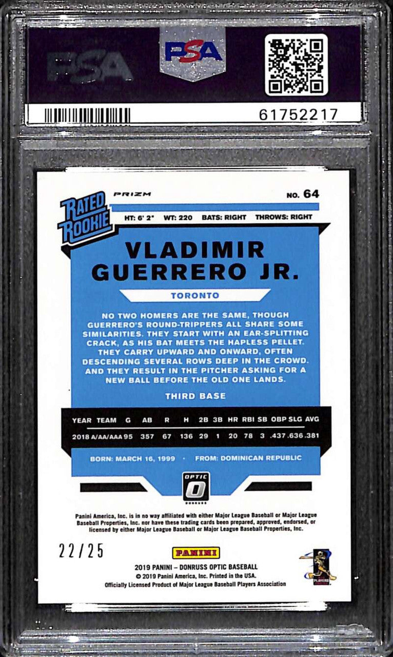 2019 Donruss Optic Black Refractor 64 Vladimir Guerrero Jr RR Rookie 22/25 PSA 9