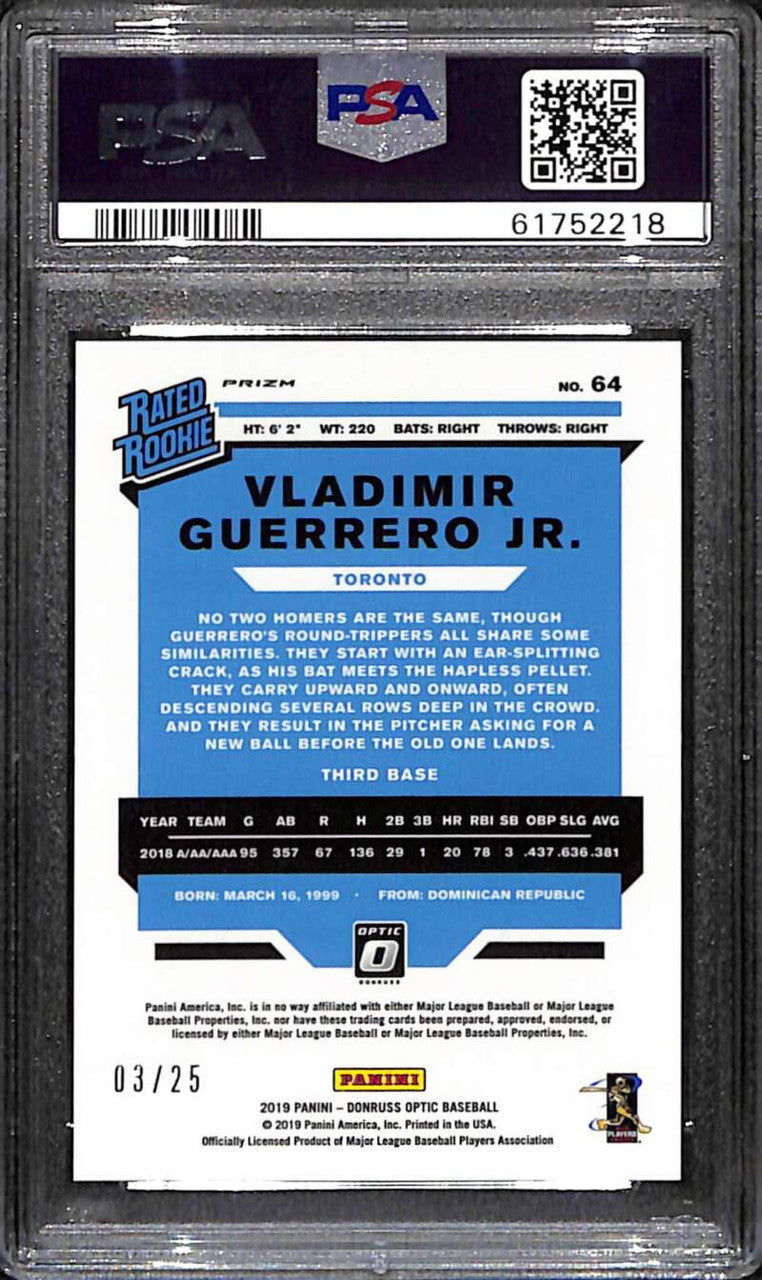2019 Donruss Optic Black Refractor 64 Vladimir Guerrero Jr. RR Rookie 3/25 PSA 9