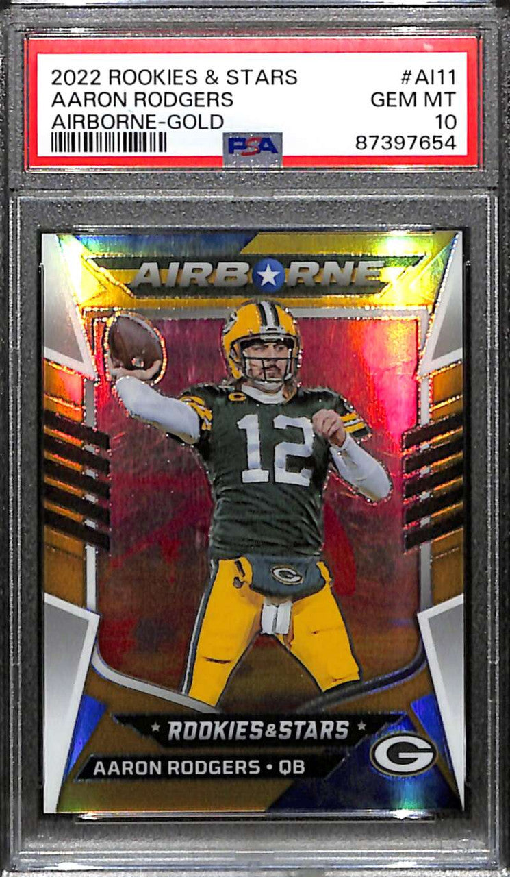 2022 Rookies and Stars Airborne Gold 11 Aaron Rodgers 2/10 PSA 10 GEM MT