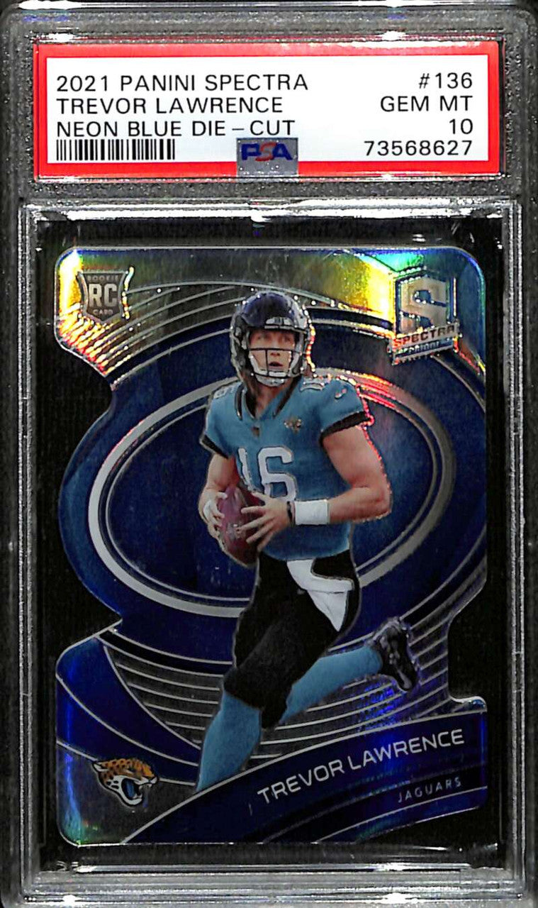 2021 Panini Spectra Neon Blue Die Cut 136 Trevor Lawrence Rookie 38/50 PSA 10