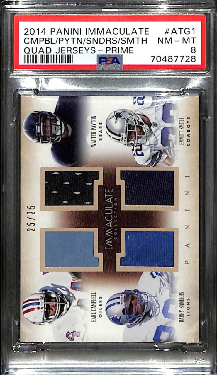 SOLD 153212 2014 Immaculate Campbell Barry Sanders Emmitt Smith Payton Quad Jersey /25 PSA 8