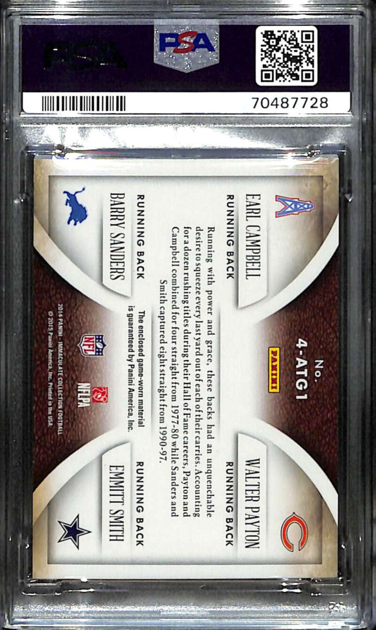 SOLD 153212 2014 Immaculate Campbell Barry Sanders Emmitt Smith Payton Quad Jersey /25 PSA 8
