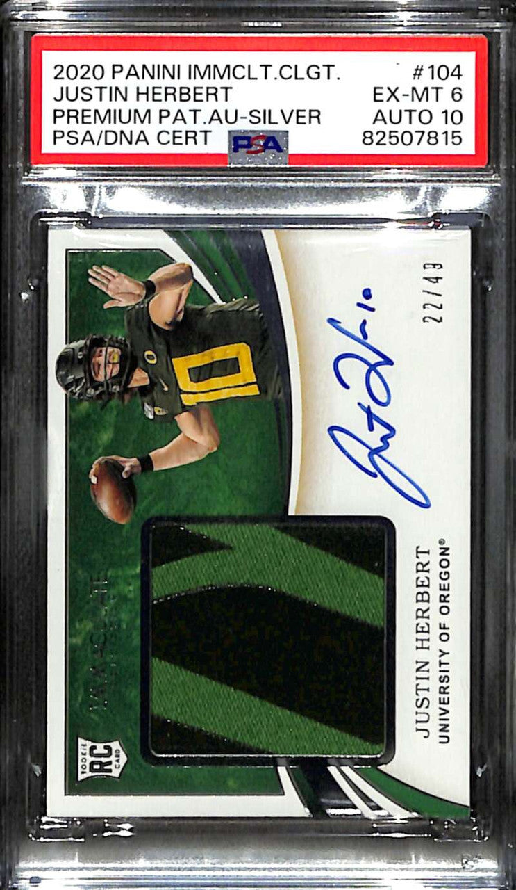2020 Immaculate Collegiate Silver 104 Justin Herbert RC Patch Auto /49 PSA 6 10