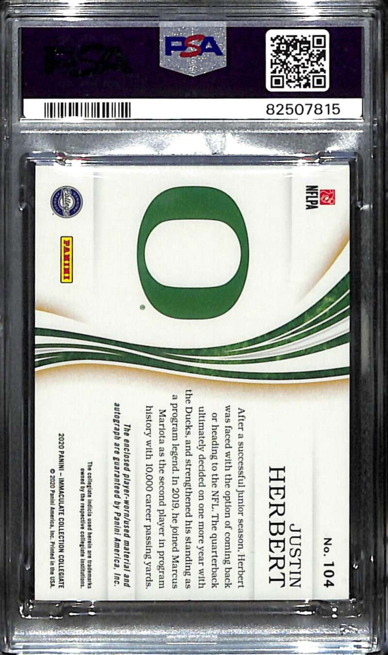 2020 Immaculate Collegiate Silver 104 Justin Herbert RC Patch Auto /49 PSA 6 10