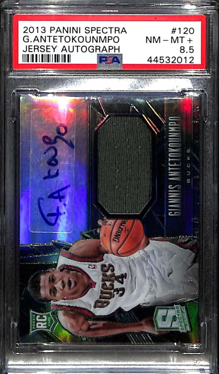 2013-14 Panini Spectra 120 Giannis Antetokounmpo Rookie Jersey Auto PSA 8.5