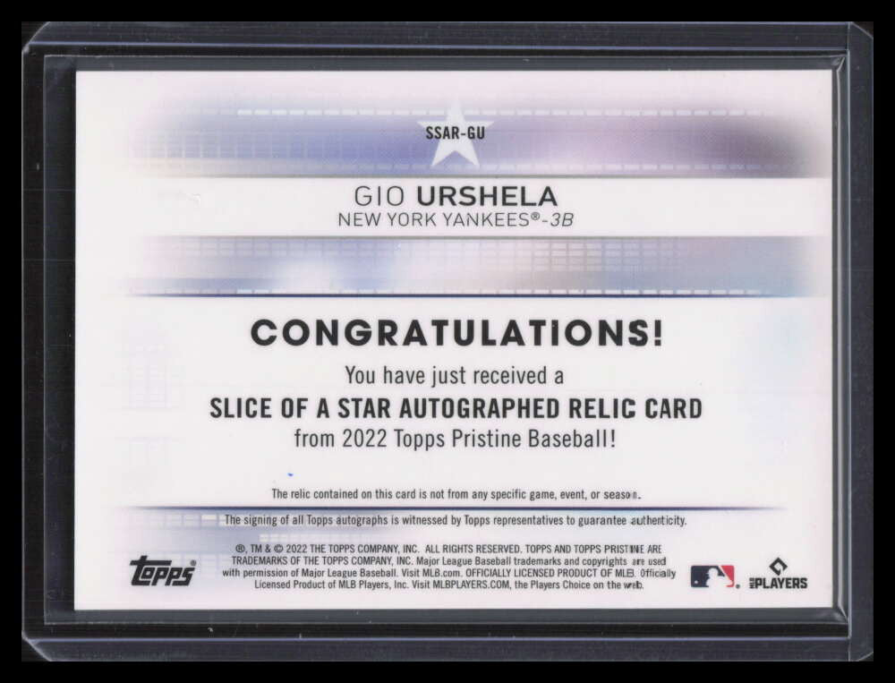 2022 Topps Pristine Slice of a Star Autograph Relics Gio Urshela Jersey Auto
