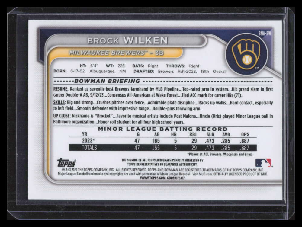 2024 Bowman Chrome Mega Autographs Blue Refractor Brock Wilken RC Auto 18/150
