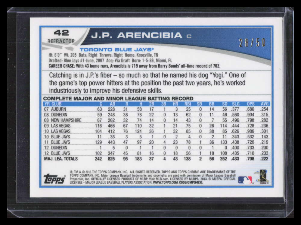 2013 Topps Chrome Gold Refractor 42 J. P. Arencibia 28/50