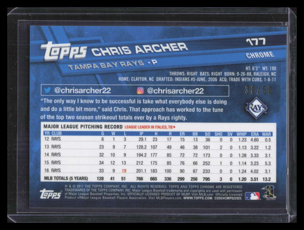 2017 Topps Chrome Gold Refractor 177 Chris Archer 38/50