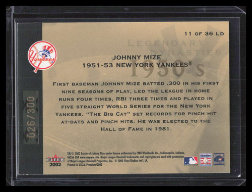 2002 Fleer Premium Legendary Dynasties Gold 11 Johnny Mize 26/300