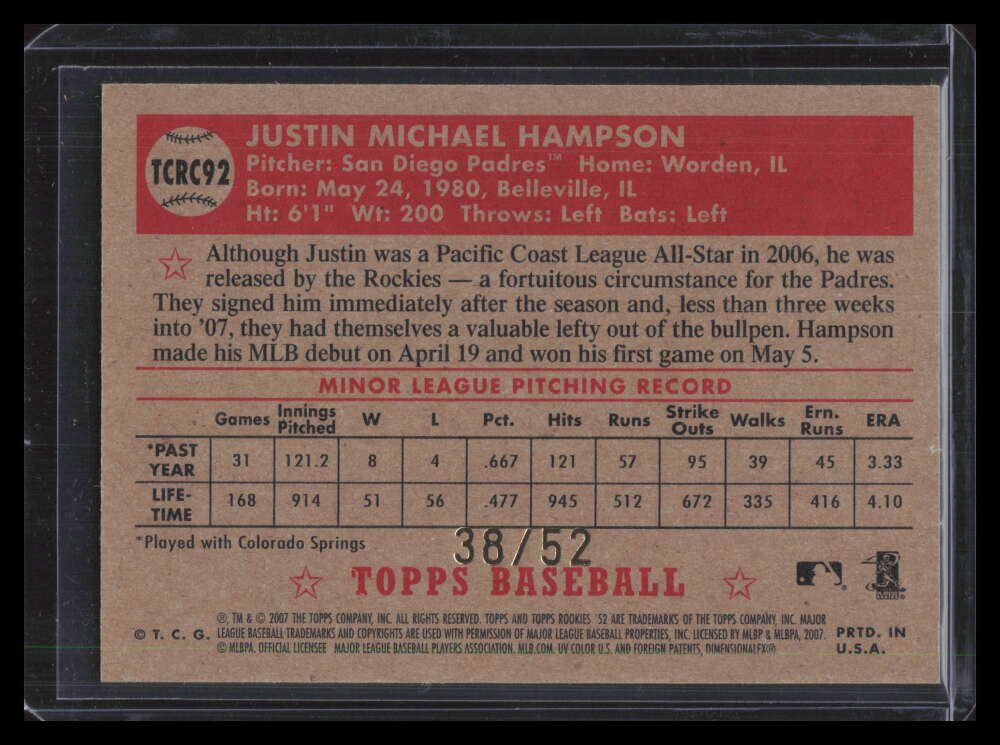 2007 Topps '52 Chrome Gold Refractor 92 Justin Hampson Rookie 38/52