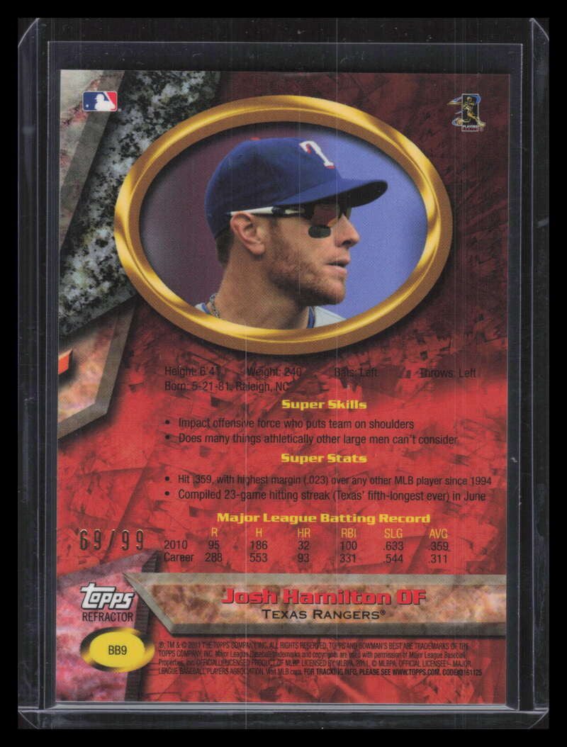 SOLD 153363 2011 Bowman Bowman's Best Refractor bb9 Josh Hamilton 69/99