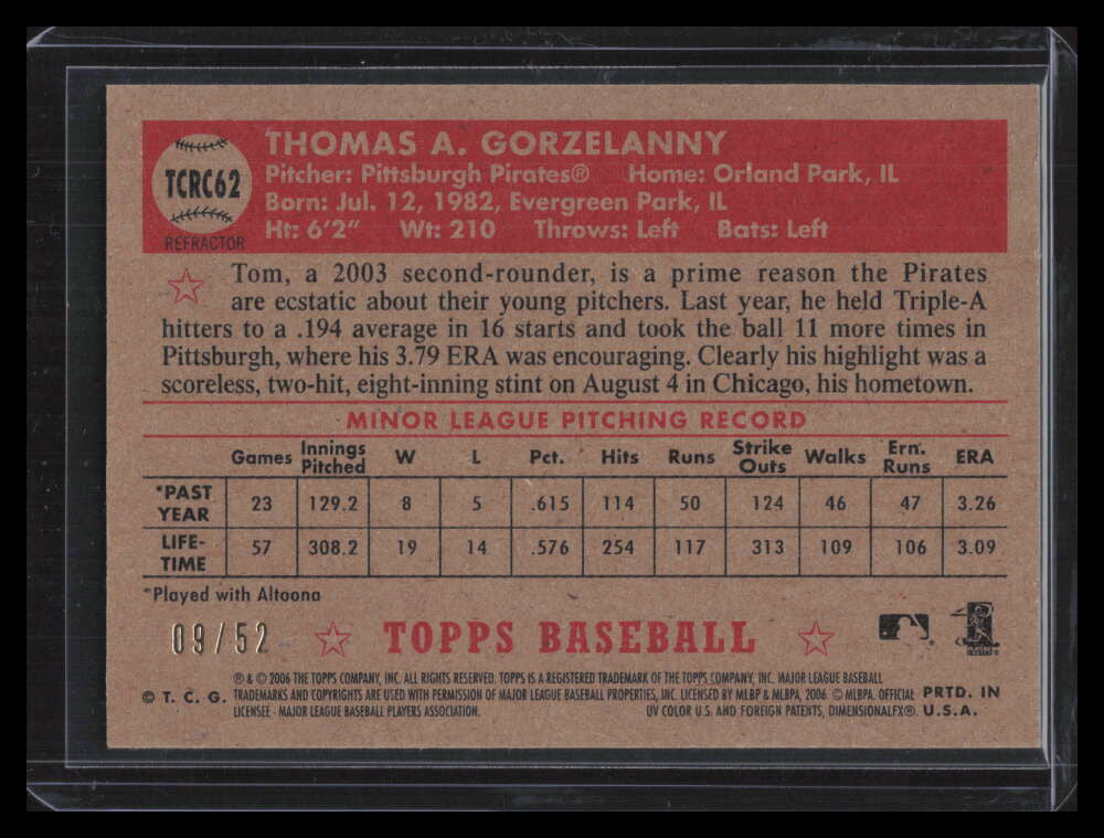 2006 Topps '52 Chrome Gold Refractor 62 Tom Gorzelanny Rookie 9/52