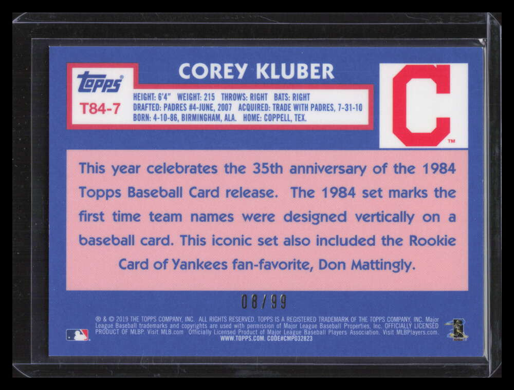 SOLD 153414 2019 Topps '84 Topps Silver Pack Chrome Green Refractor t847 Corey Kluber 8/99