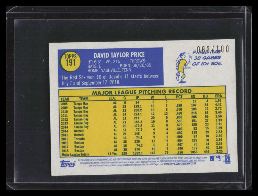 2019 Topps Heritage Mini 191 David Price 83/100