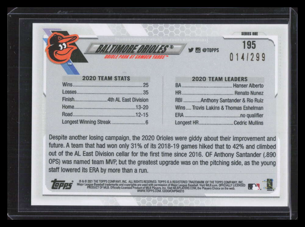 2021 Topps Orange Foil 195 Baltimore Orioles TC 14/299 Team Card