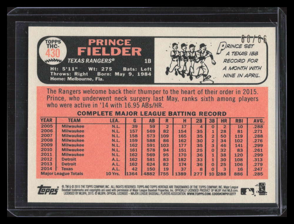 2015 Topps Heritage Chrome Black Refractor thc430 Prince Fielder 60/65