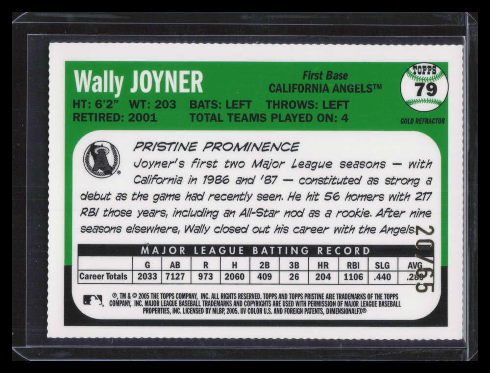 2005 Topps Pristine Legends Gold Die Cut Refractor 79 Wally Joyner 20/65