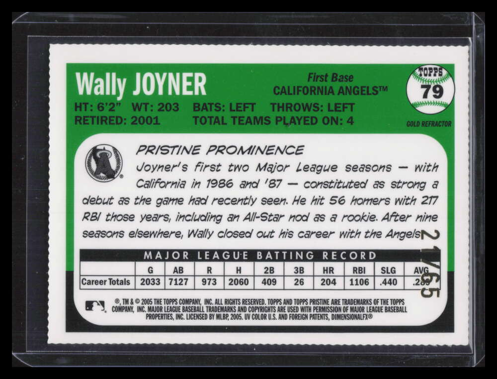 2005 Topps Pristine Legends Gold Die Cut Refractor 79 Wally Joyner 21/65
