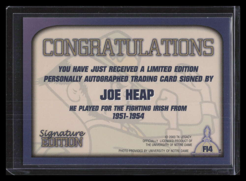 2003 TK Legacy Notre Dame Fighting Irish Autographs fi4 Joe Heap Auto