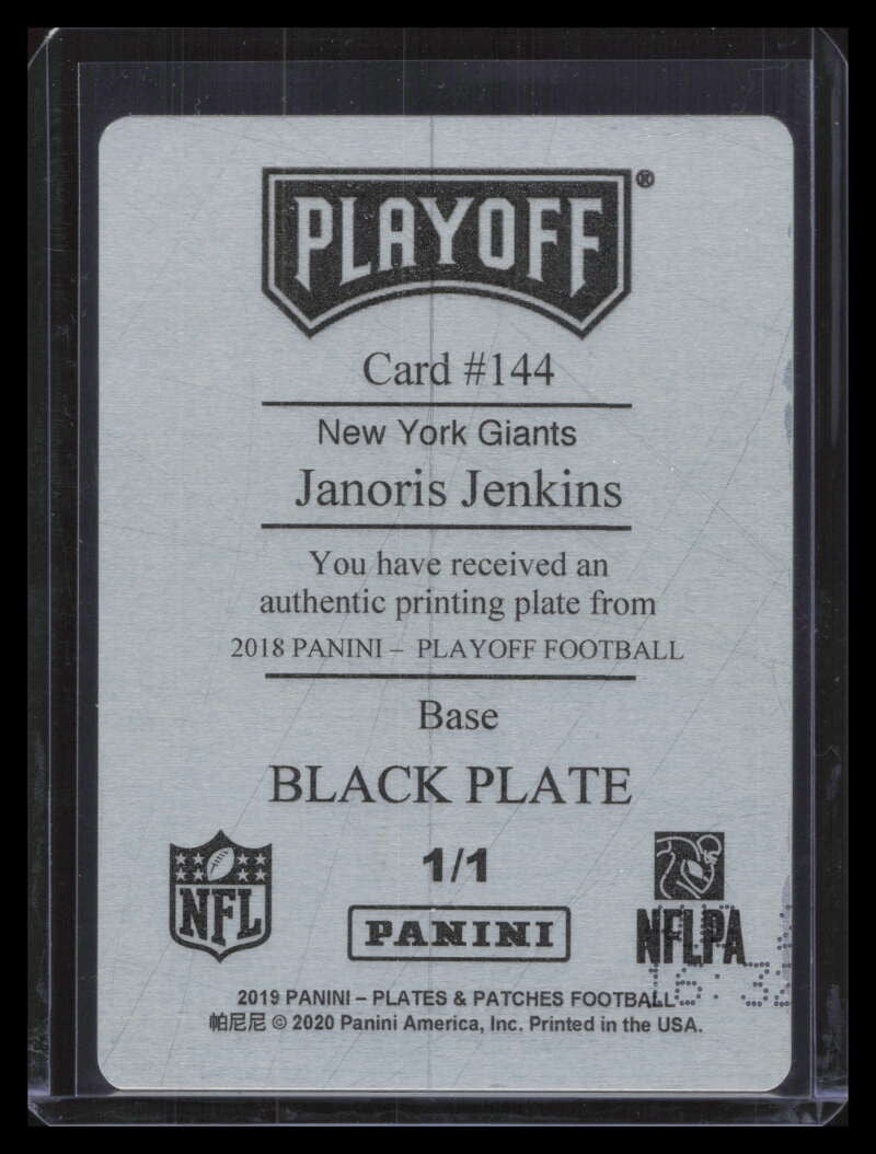 2018 Playoff Plates and Patches Printing Plate Black 144 Janoris Jenkins 1/1