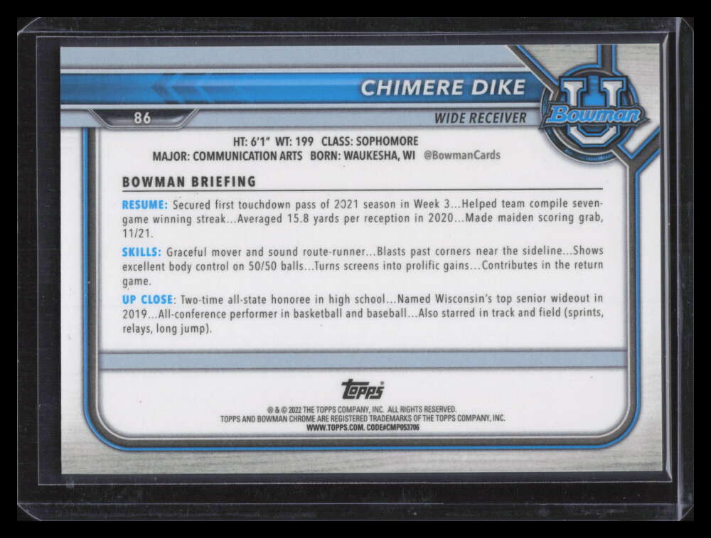 SOLD 153614 2022 Bowman University Chrome Red Refractor 86 Chimere Dike Rookie 1/5