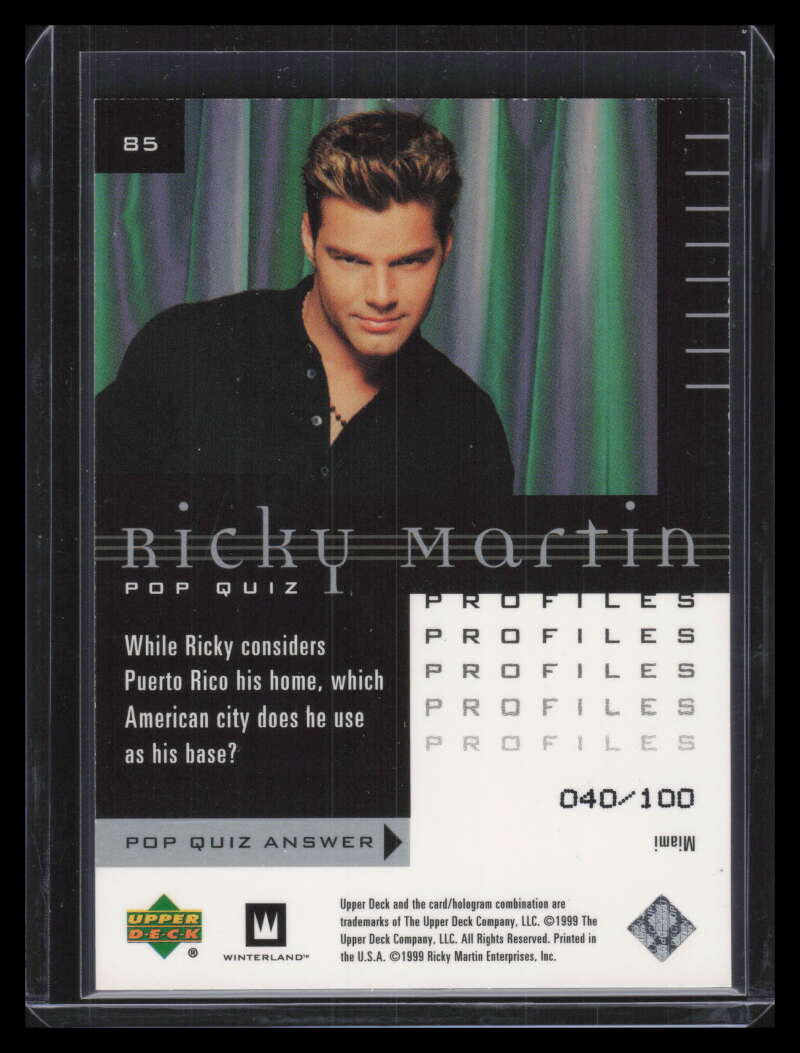 1999 Upper Deck Ricky Martin Platinum 85 Ricky Martin Profiles Pop Quiz 40/100