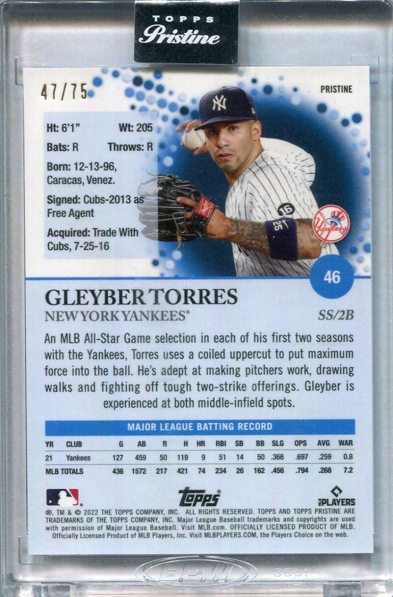 2022 Topps Pristine Blue Pristine Refractor 46 Gleyber Torres 47/75