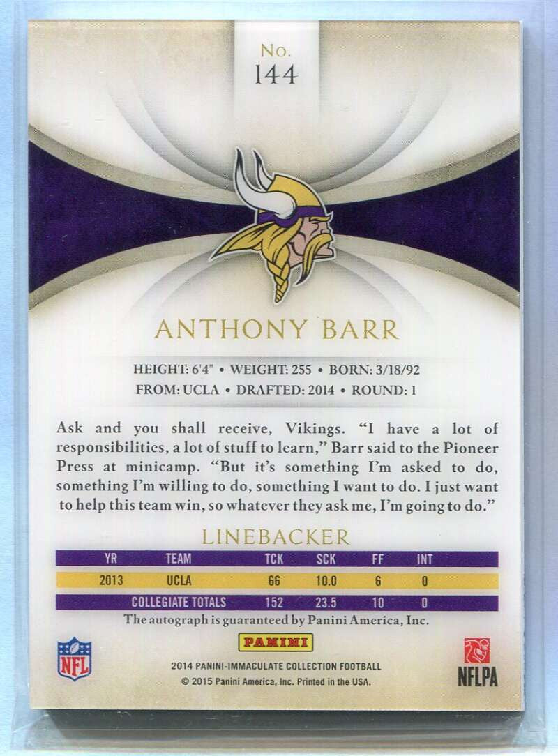 2014 Immaculate Collection Numbers Autographs 144 Anthony Barr Rookie Auto 45/55