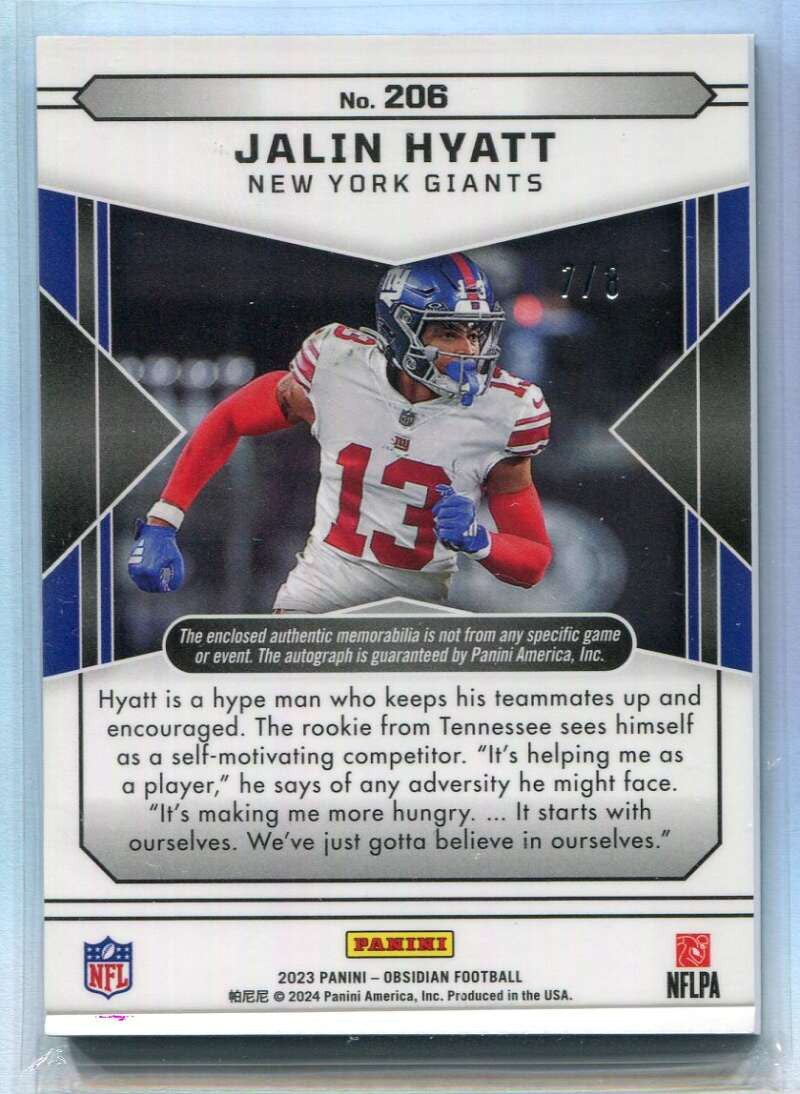 2023 Panini Obsidian Electric Red 206 Jalin Hyatt RC Giants Logo Patch Auto 7/8