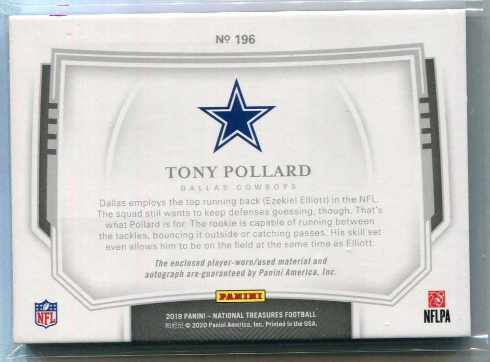 2019 Panini National Treasures Midnight 196 Tony Pollard Rookie Patch Auto 5/20
