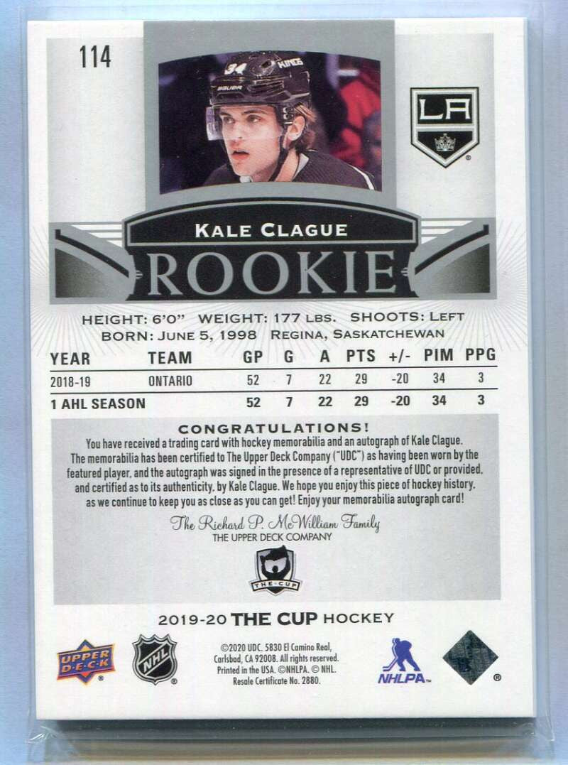 2019-20 The Cup 114 Kyle Clague Rookie Patch Auto 95/249