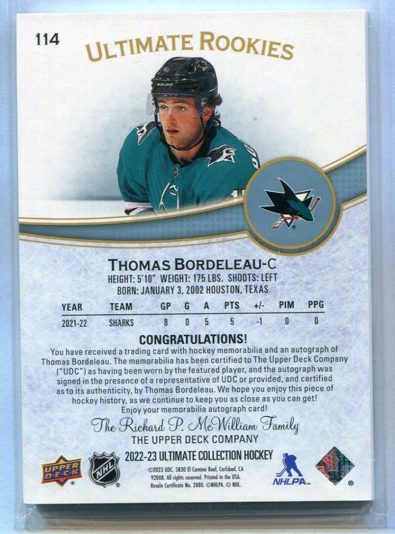 2022-23 Ultimate Patch Autographs 114 Thomas Bordeleau Rookie Patch Auto 47/99