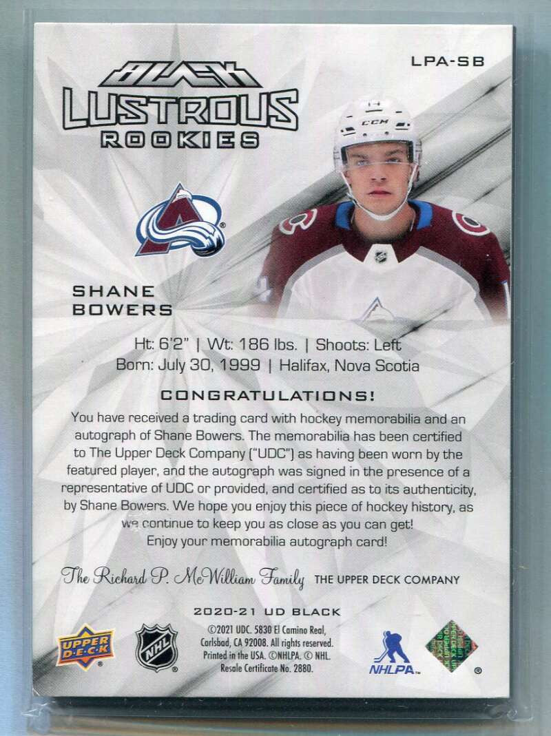 2020-21 UD Black Clarity LPASB Shane Bowers Rookie Patch Auto 11/15 Lustrous