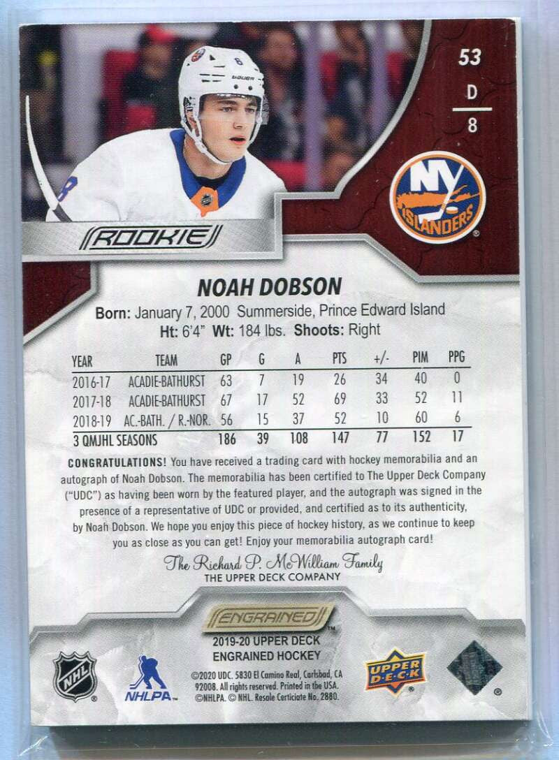 2019-20 UD Engrained Autographs Noah Dobson Rookie Laundry Tag Patch Auto 1/1