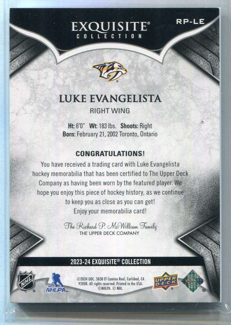 2023-24 Exquisite Collection Patch Gold RPLE Luke Evangelista Rookie Patch 16/25