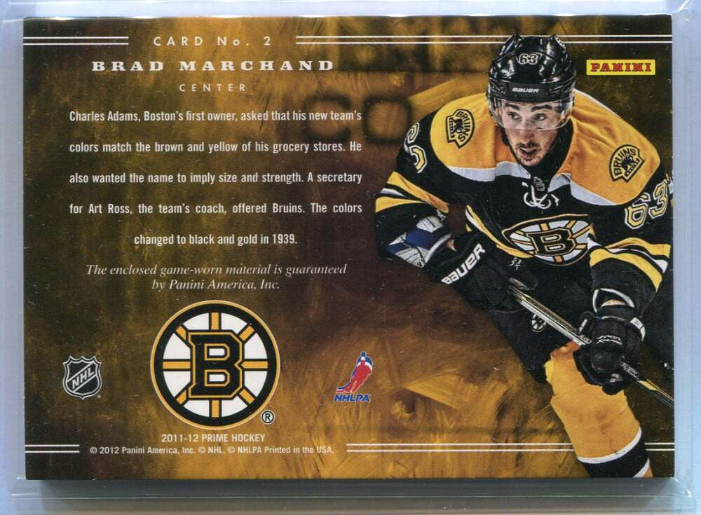2011-12 Panini Prime Colors Patch Vertical 2 Brad Marchand Jumbo Patch 3/11