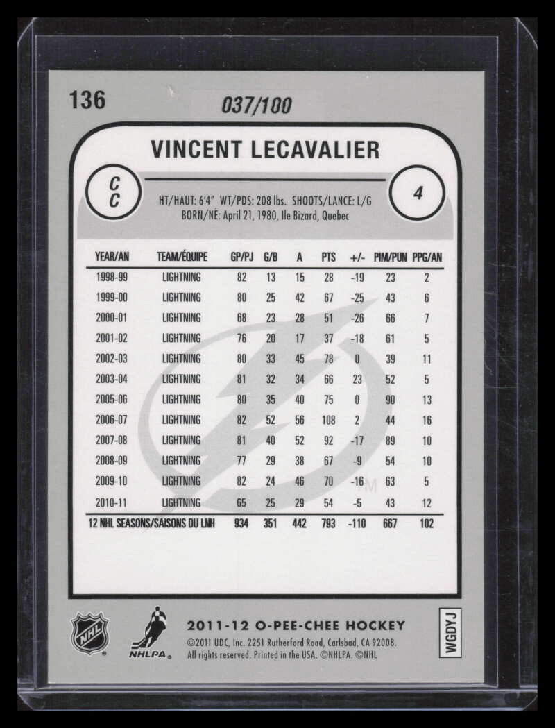 2011-12 O-Pee-Chee Black Rainbow 136 Vincent Lecavalier 37/100