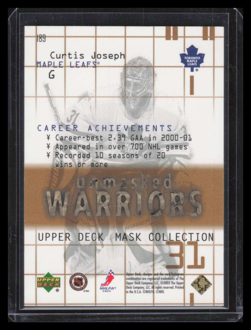 SOLD 154624 2001-02 UD Mask Collection Gold 189 Curtis Joseph UW 23/50 Unmasked Warriors