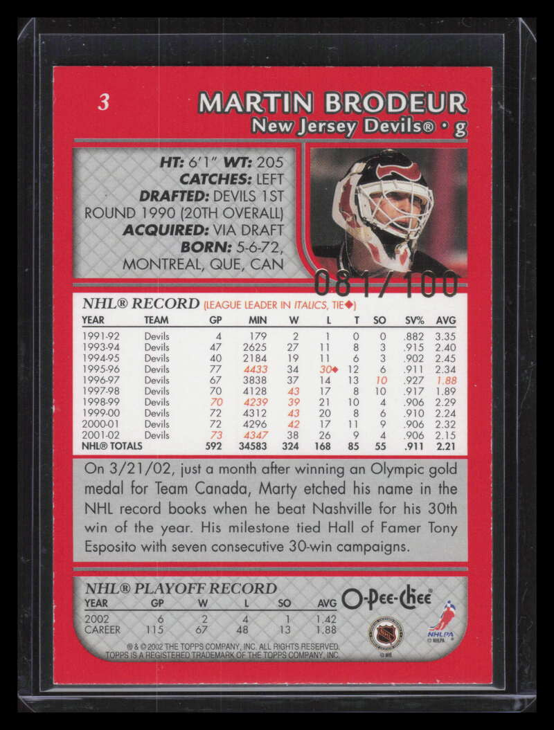 2002-03 Topps O-Pee-Chee Red 3 Martin Brodeur 81/100