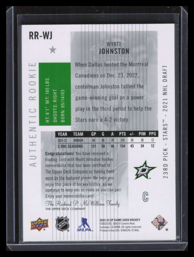 2022-23 SP Game Used Retro Renovations Jerseys RRWJ Wyatt Johnston Rookie Jersey