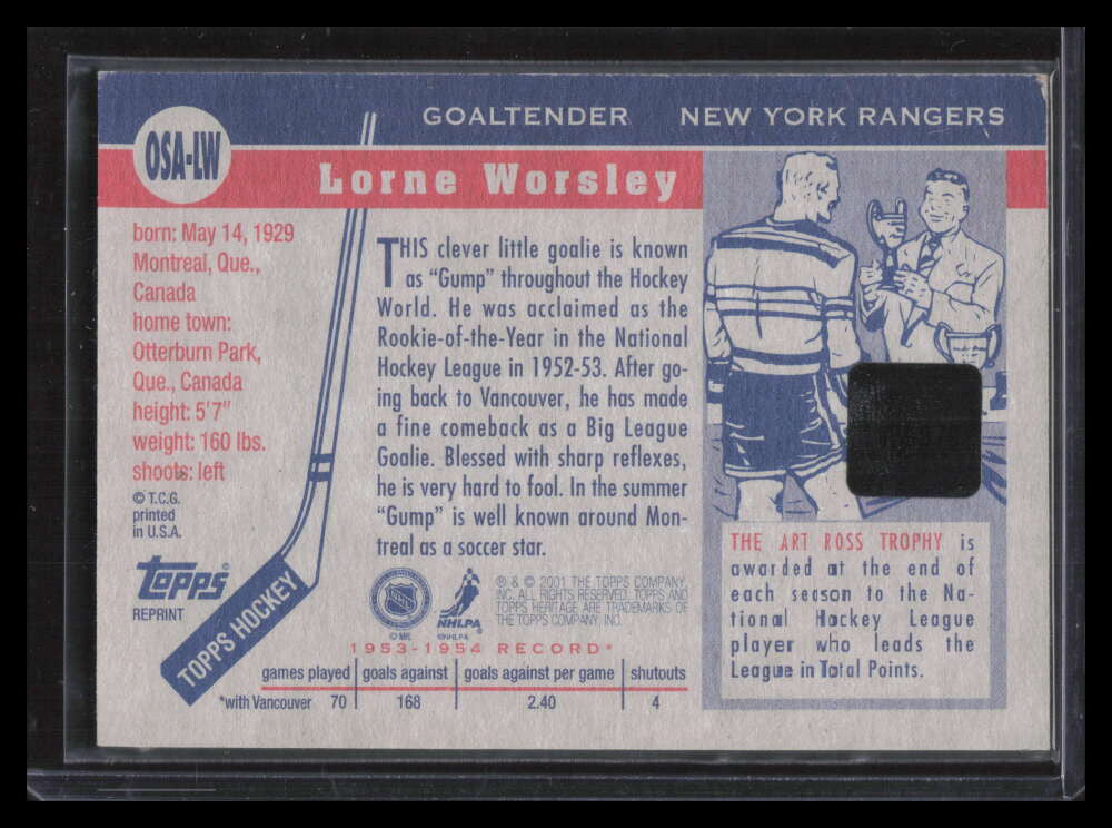 2000-01 Topps Heritage Arena Relics OSALW Lorne Gump Worsley Seat