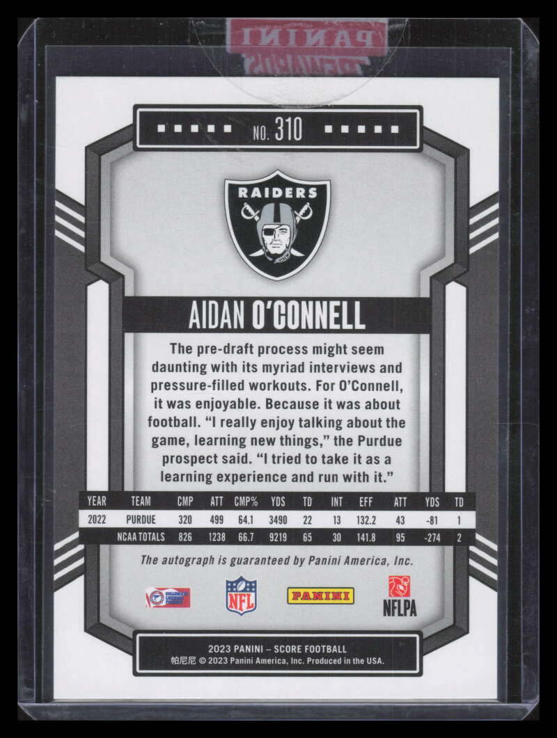 2023 Score Signatures Green 310 Aidan O'Connell Rookie Auto