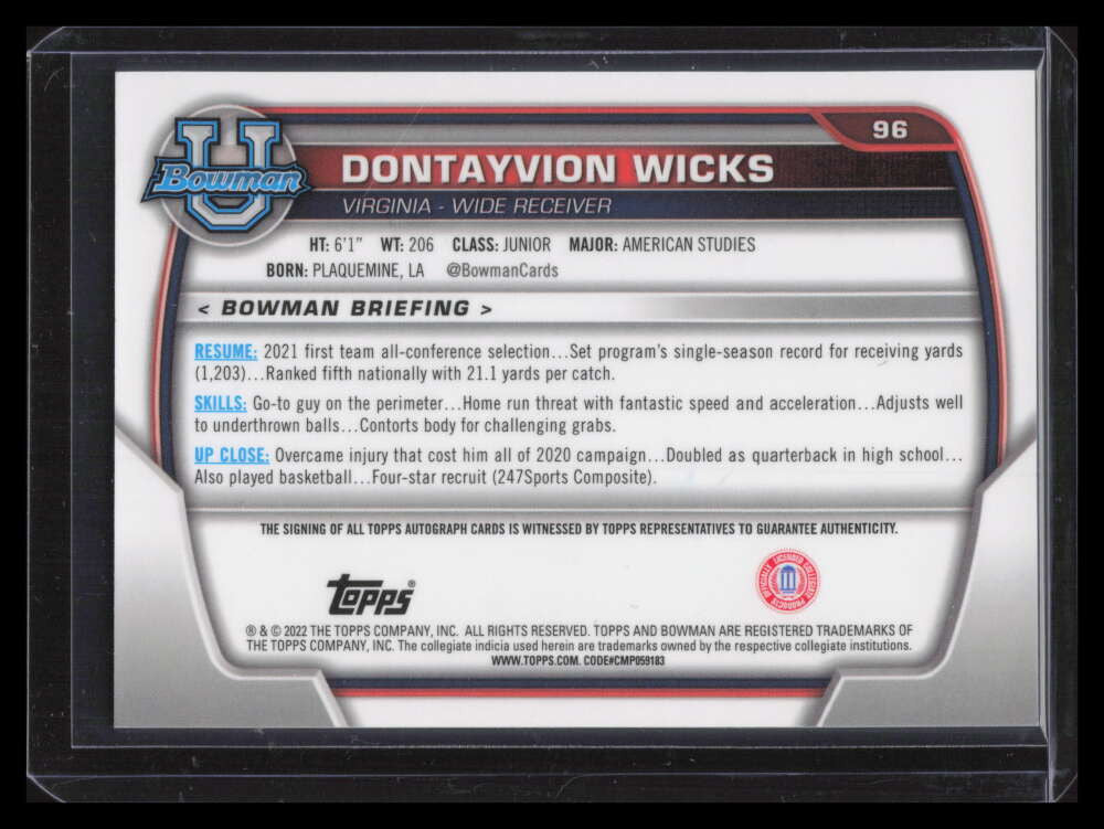 2022 Bowman Chrome University Autographs 96 Dontayvion Wicks Rookie Auto