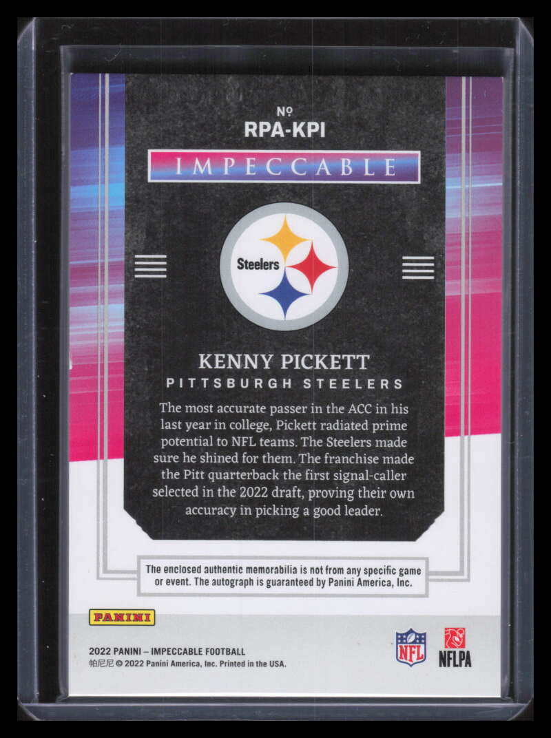 DELETE 154703 2022 Panini Impeccable Patch Autographs 11 Kenny Pickett Rookie Patch Auto 6/99