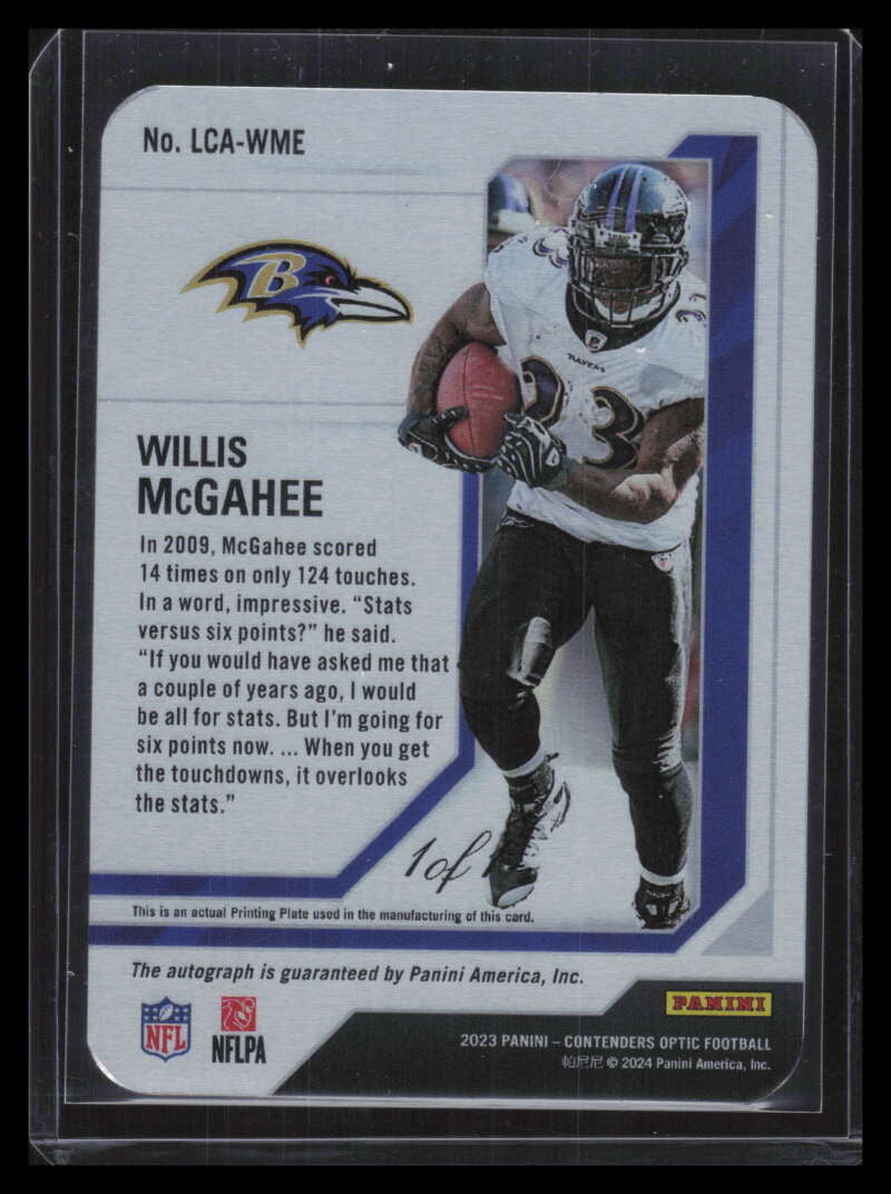 2023 Panini Contenders Optic Legendary Autographs Plate Willis McGahee Auto 1/1