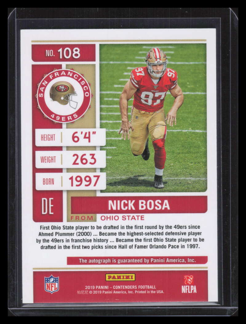 2019 Panini Contenders Championship Ticket 108b Nick Bosa Rookie Auto 2/10